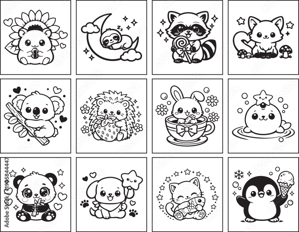 Fototapeta premium Cute kawaii animal coloring pages bundle set of adorable cartoon baby animals line art vector illustration for kids activity book