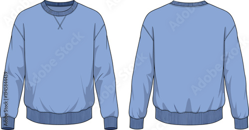 Blue, sweatshirt, template, front, back, view, apparel, clothing, fashion, mockup, casual, long, sleeve, garment, cotton, vector, illustration, blank, design, outfit