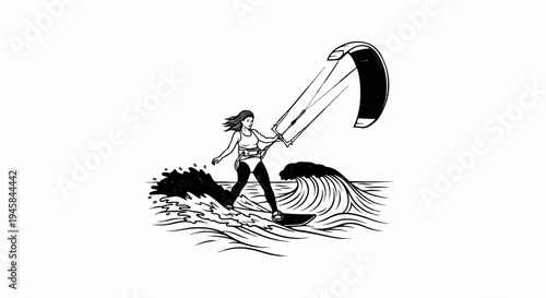 Woman kitesurfing on a large wave, black and white illustration