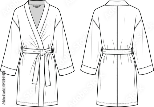 Technical flat sketch of a women's bathrobe featuring a belted waist and long sleeves shown in front and back view.