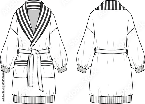 Front and back technical flat sketch of a women's oversized striped collar bathrobe featuring ribbed cuffs and a belted waist.