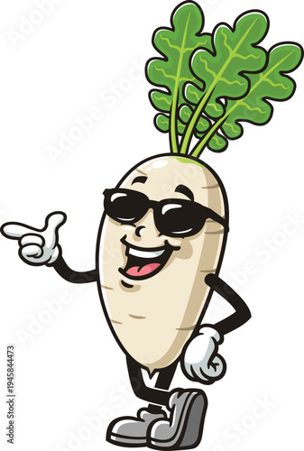 White radish cartoon mascot wearing sunglasses