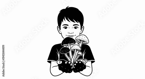 Young boy proudly holds a bunch of fresh mushrooms