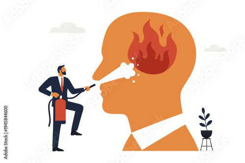 Dynamic vector illustration of a confident businessman extinguishing a large fire inside a human head silhouette, symbolizing stress management, problem-solving, and mental resilience in a vibrant
