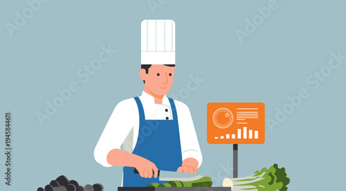 A chef prepares healthy meals with a metabolic analysis display. Modern illustration style, clean design, focused on wellness and nutrition. Perfect for health & fitness marketing.