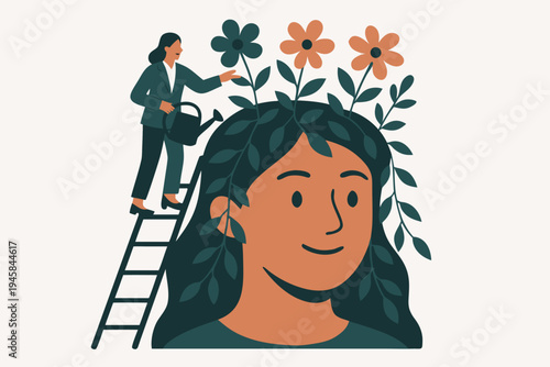 Vibrant vector illustration depicting a professional businesswoman nurturing a blooming mind with flowers, symbolizing personal growth, mental wellness, and success. Ideal for motivational content
