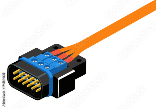 Close-up of a drone battery connector. Bold blue and black connector with orange wires. Detailed, high-resolution image for technical or industrial applications.