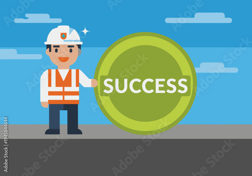 A smiling construction worker stands proudly beside a 'Success' circle, highlighting repair storm drain services. Clean, modern illustration with bright blue sky background.