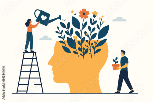 Vibrant vector illustration depicting a woman nurturing a brain-shaped plant with water, symbolizing personal growth, mental health, and positive mindset.