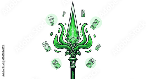 Mystical Green Trident with Floating Runes, Fantasy Weapon Illustration