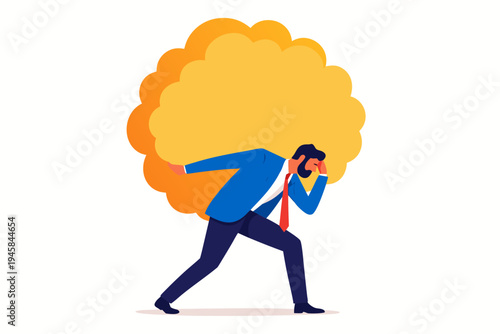 A dynamic vector illustration of a businessman struggling to carry an oversized, glowing yellow burden on his back, symbolizing stress, workload, and pressure in a corporate environment.  