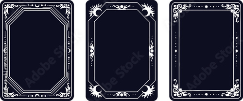 Set of three celestial frames with sun and moon symbols on dark blue background