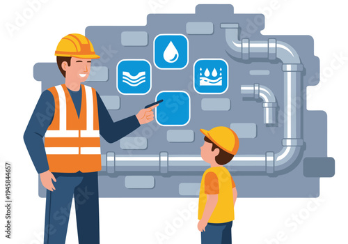 A construction worker teaches a young boy about drainage systems, highlighting community education and water flow. Bright, informative illustration.