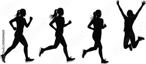 Female runner silhouette, woman running in different poses, sprinting and jumping with joy, isolated active girl athlete vector