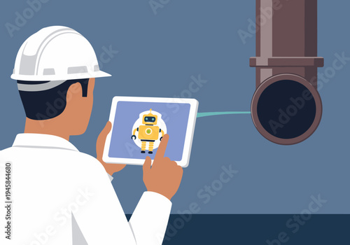 A construction worker uses a tablet to view a remote drain camera system, showcasing modern technology in plumbing maintenance. Clean, professional, and visually engaging.