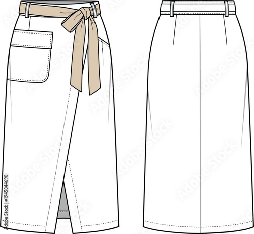 High waisted wrap midi skirt with tie belt and patch pocket, technical fashion flat sketch, front and back view.