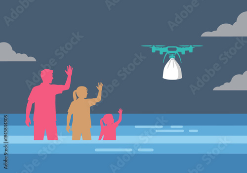 A drone delivers aid to a family displaced by flooding. A hopeful scene showcasing disaster relief and humanitarian assistance. Modern, graphic style.