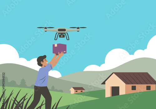 A drone delivers aid to a rural village. A man receives the package, showcasing innovative aid delivery. Bright, optimistic scene.