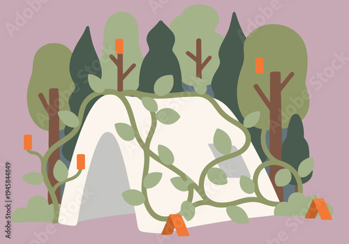 Eco-friendly shelter nestled within a forest. A modern, camouflaged structure blends seamlessly with nature, promoting safety and sustainability. Clean design, inviting and serene.