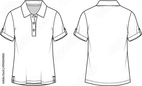 Short sleeve polo shirt with button placket and roll up sleeve tabs, technical fashion flat sketch, front and back view.