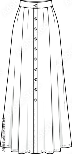 Long button down maxi skirt with high waist waistband, technical fashion flat sketch, front view, apparel CAD drawing vector illustration.