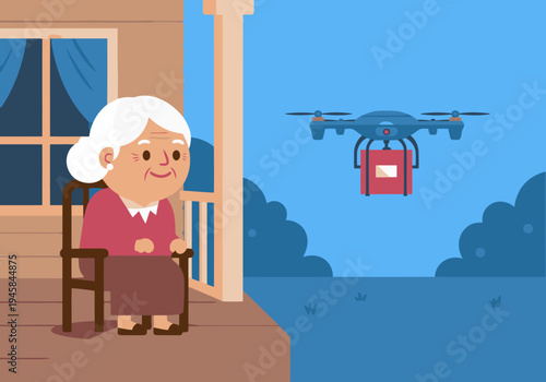 An elderly woman receives medication via drone delivery on her porch. A modern, heartwarming illustration showcasing healthcare innovation and senior care.