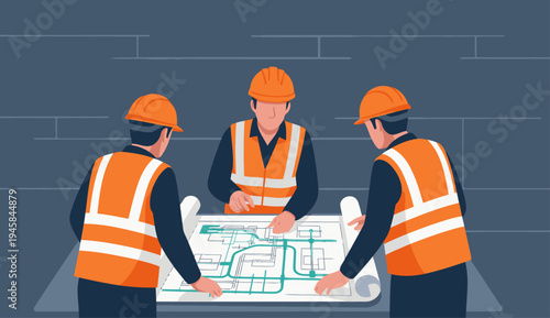 Engineers collaborate on a drainage plan, reviewing blueprints with focused expressions. A professional team works together, highlighting project planning and construction.