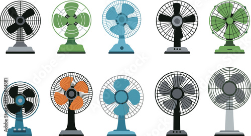 Colorful table fan collection with different electric desk fans set of flat vector illustrations for cooling household appliance design isolated