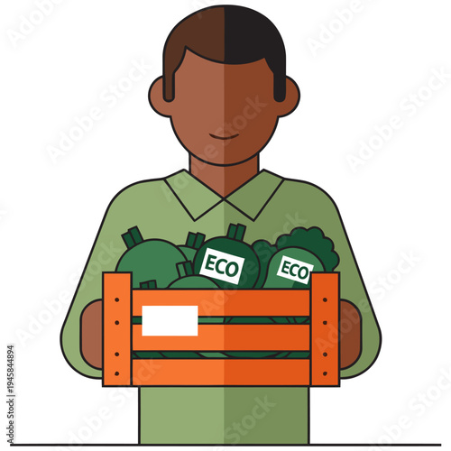 A farmer proudly carries a crate of fresh vegetables.  Eco-friendly and vibrant, this image promotes sustainable agriculture and healthy eating.  Ideal for food, farming, and lifestyle visuals.