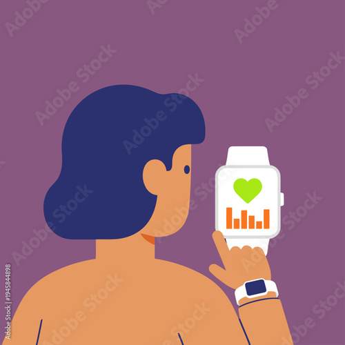 A woman examines metabolic health tracking data on a smartwatch, showcasing a modern approach to wellness. Clean, minimalist design with a focus on health monitoring.