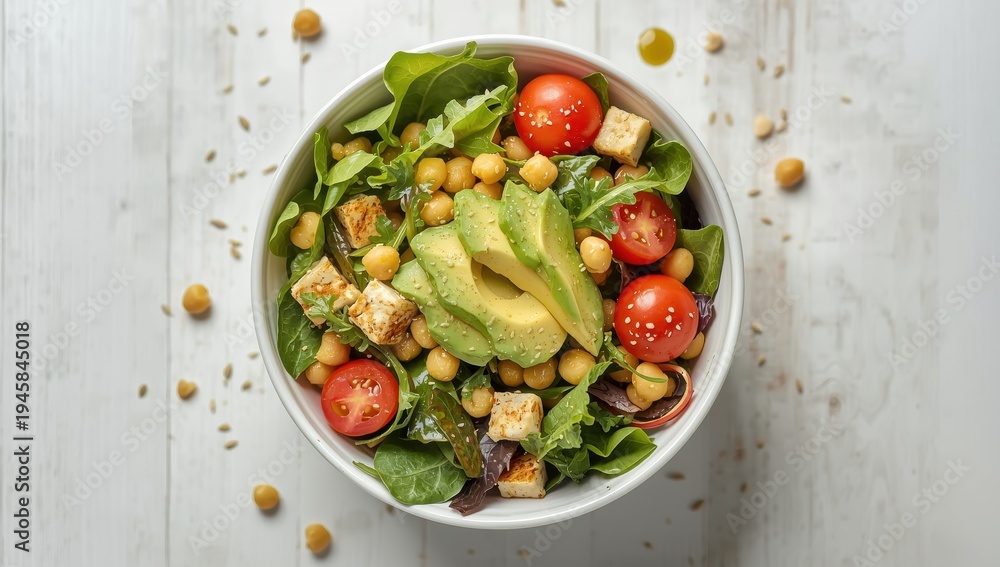 Naklejka premium Healthy salad bowl with chick pea, tomatoes, tofu, avocado, greens on light background top view