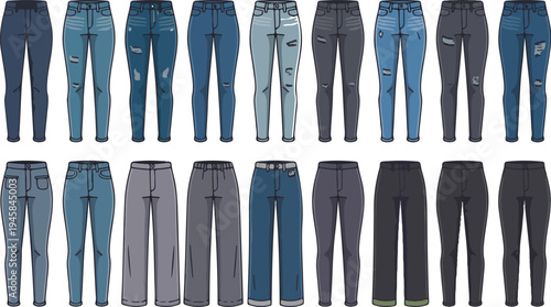 denim jeans and casual trousers vector set featuring various styles and washes for men and women fashion retail,