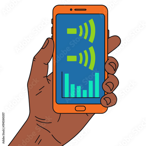 A hand holds a smartphone displaying a sensor monitor graphic showing drainage data. Modern, digital, and informative design. Suitable for tech and smart home concepts.