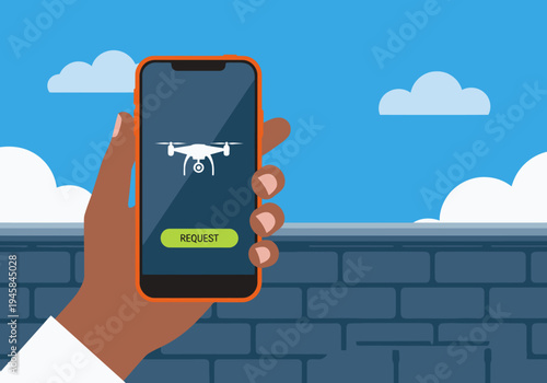 A hand uses a smartphone to request a rescue drone. A modern, blue sky backdrop highlights the request button. Clean, graphic design.