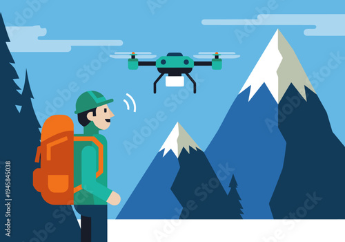 A hiker receives rescue assistance from a drone amidst a mountain landscape. Vibrant colors and a clear composition highlight emergency response.