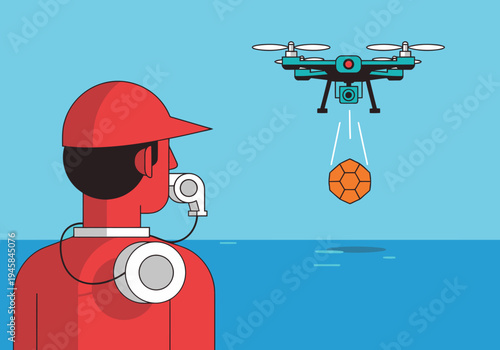 Lifeguard drone rescue operation! A lifeguard uses a drone to deliver a flotation device to a swimmer. Modern, vibrant illustration. Perfect for safety and technology themes.