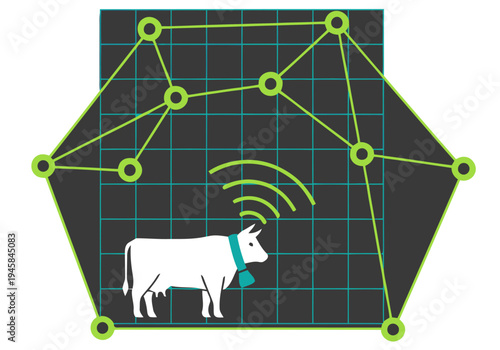 Livestock tracking illustration using geofencing and GPS. A cow is monitored within a defined area, showcasing location technology for animal management. Modern, graphic style.