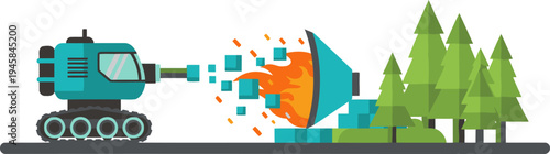 A robotic firefighting vehicle utilizes green energy to extinguish a forest fire, showcasing sustainable solutions. Modern, clean design.