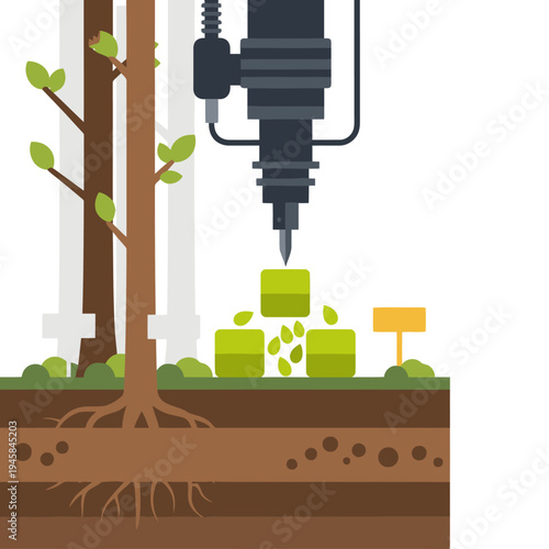 A robotic drilling system plants seeds for reforestation. Illustrative graphic showcasing sustainable forestry techniques. Modern, clean design.