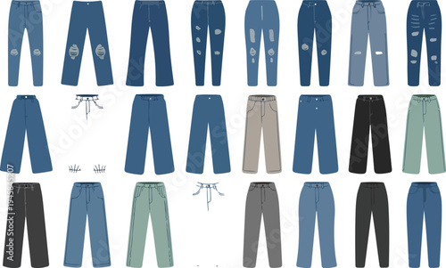 denim jeans and casual trousers vector set featuring various styles and washes for men and women fashion retail,
