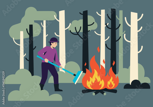 A park ranger practices fire suppression techniques amidst a controlled burn. Focused training, vibrant flames, and a determined ranger create a dynamic scene.