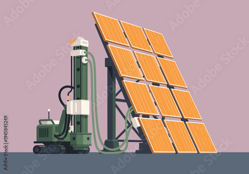 A solar-powered eco drill operates alongside solar panels, showcasing sustainable energy. Modern illustration, clean design, and a focus on green technology.