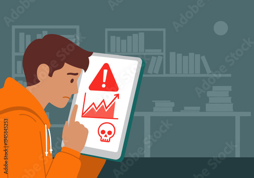 A stressed young man examines a tablet displaying a rising stress graph with a skull icon.  Illustrative, modern design. Focus on student exam anxiety.