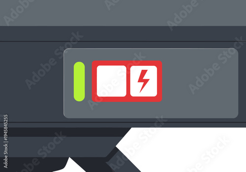 A sleek drone status LED panel displays a green health indicator alongside a red lightning bolt. Modern, technical, and informative design.