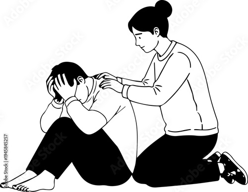 Woman comforting a sad man, empathy and mental support line art vector