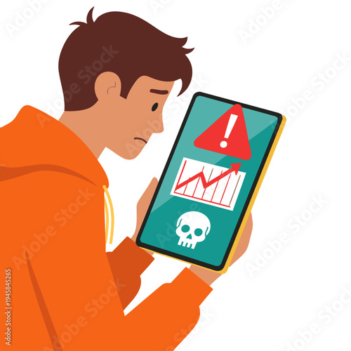 A stressed young man stares at a tablet displaying a rising exam stress graph with a skull icon. He appears overwhelmed in a study setting.  Illustrative style.