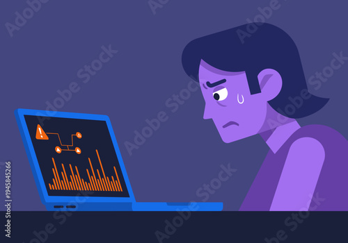 A stressed woman stares at a laptop displaying a complex data spike, conveying office stress and hormone imbalance. A warning symbol adds to the tension.