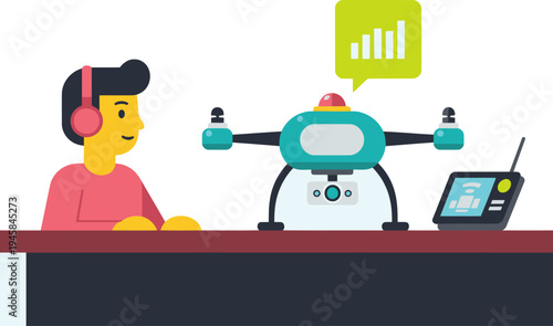 A student monitors an emergency drone with data analysis tools. Modern, clean design showcases STEM education and technology. Bright, engaging illustration.