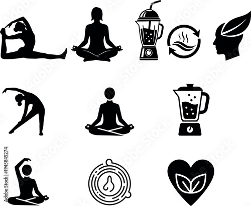 Black silhouette vector icon set featuring a woman sitting in a yoga meditation figure pictogram for spa fitness and business wellness branding