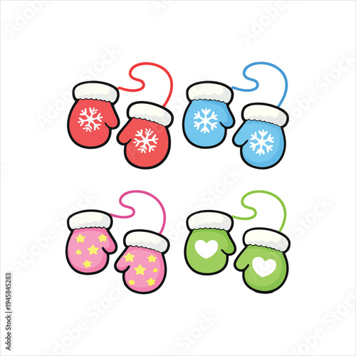 Cute Winter Mittens Set with Snowflake and Heart Patterns, Cozy Christmas Vector Illustration
